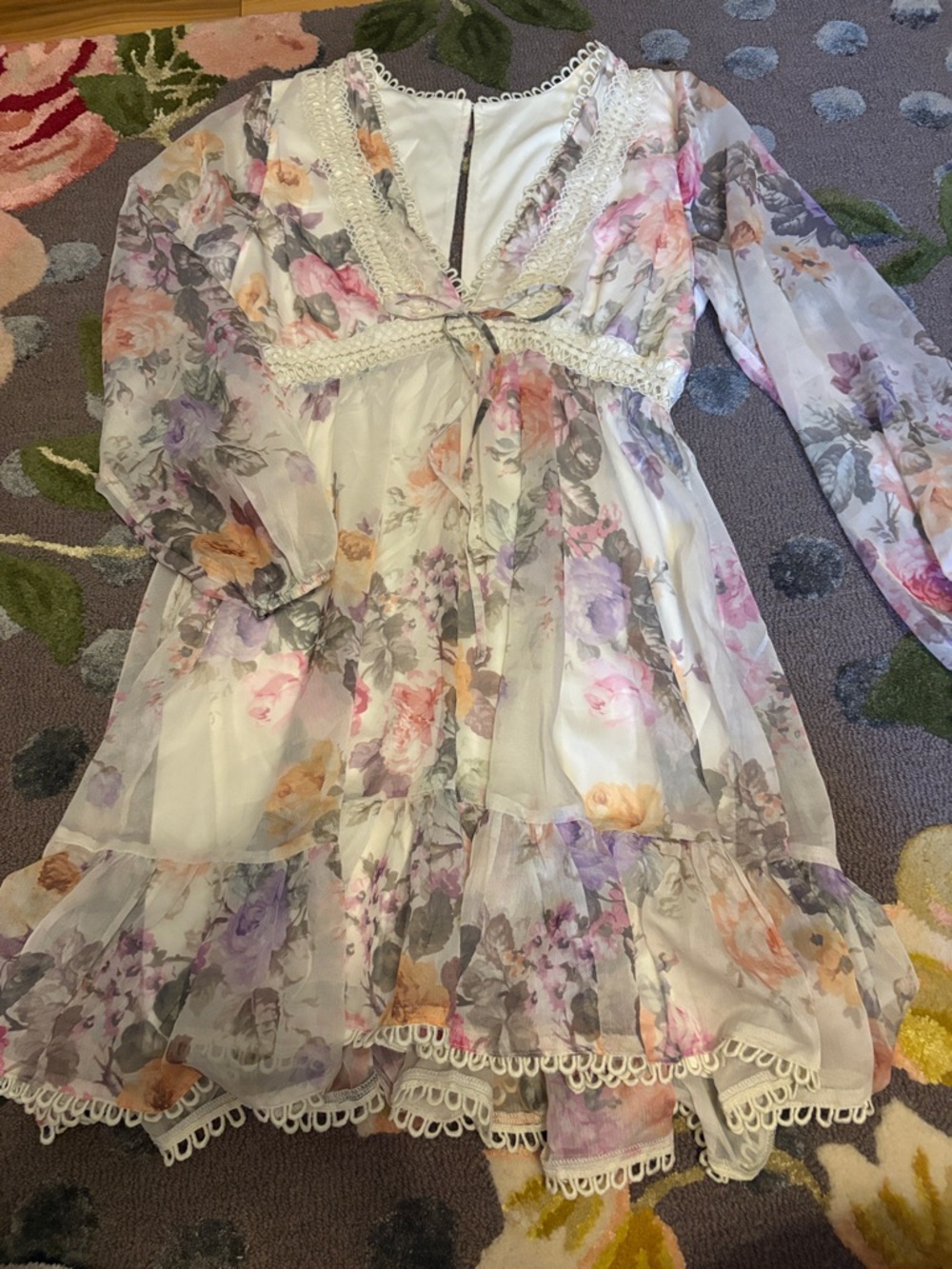 Lulus size large deep v sheer Long-Sleeve Dress Pink & Purple Flowers